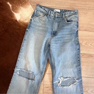 Zara Sky Blue Ripped Wide Leg Jeans